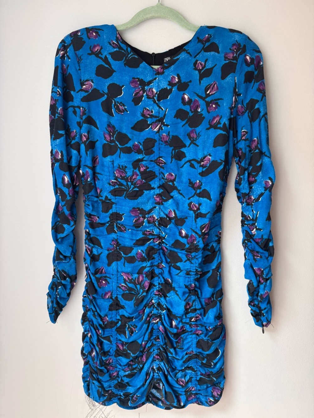 ZARA Blue Floral Ruched Long-Sleeve Mini Dress